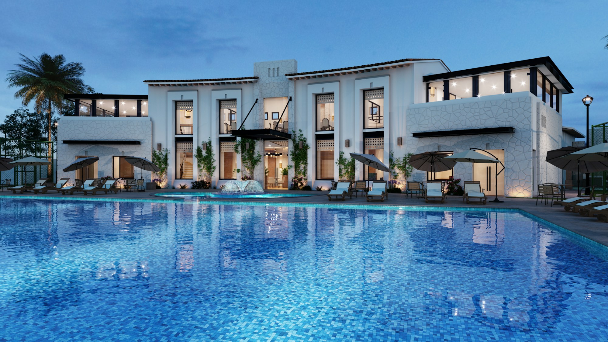 Atlas House exterior at dusk